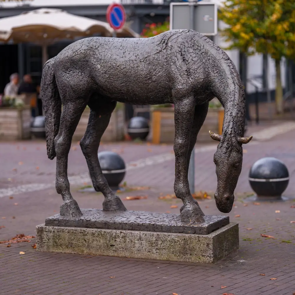 Een bronzen paardenbeeld in een straat in Baarn, waar je de rijscholen in Baarn kunt vergelijken