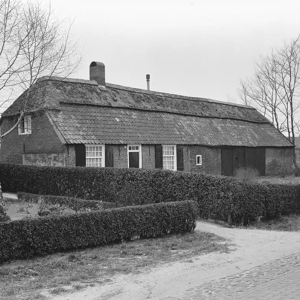 Een boerderij met rieten dak in Diessen op een oude foto: alle rijscholen in Diessen op een rij