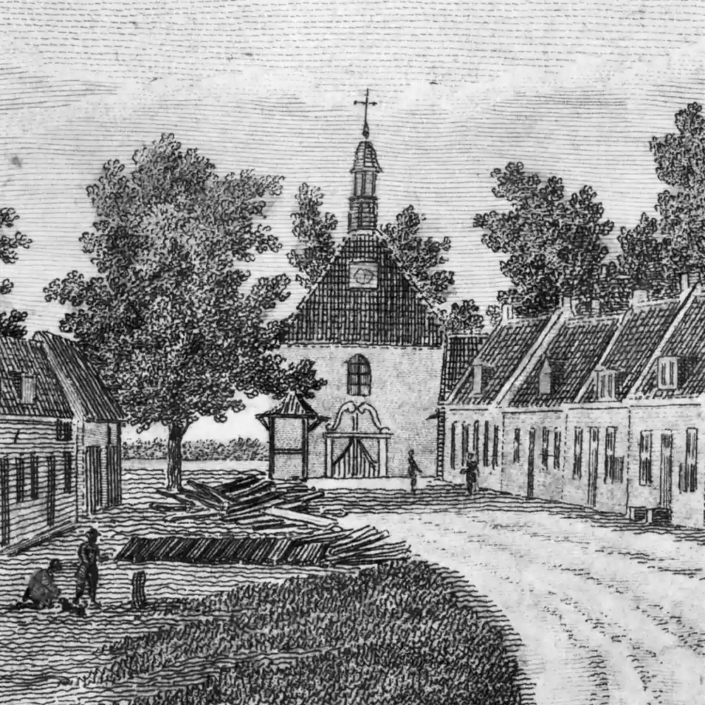 Een dorpsgezicht van Nieuw-Vossemeer op een oude tekening: alle rijscholen in Nieuw-Vossemeer op een rij